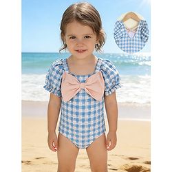 Babyhug Half Sleeves Checks Printed V Cut Swimsuit With Bow Applique - Blue