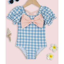 Babyhug Half Sleeves Checks Printed V Cut Swimsuit With Bow Applique - Blue