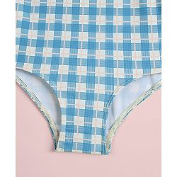 Babyhug Half Sleeves Checks Printed V Cut Swimsuit With Bow Applique - Blue