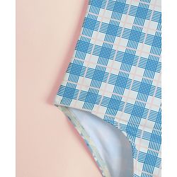 Babyhug Half Sleeves Checks Printed V Cut Swimsuit With Bow Applique - Blue