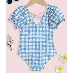 Babyhug Half Sleeves Checks Printed V Cut Swimsuit With Bow Applique - Blue