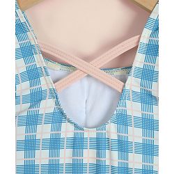 Babyhug Half Sleeves Checks Printed V Cut Swimsuit With Bow Applique - Blue