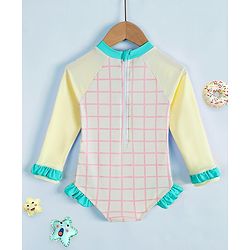 Babyhug Raglan Full Sleeves Cherry Cake Printed V Cut Swimsuit - White & Light Yellow