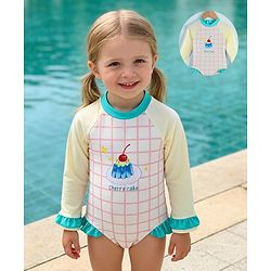 Babyhug Raglan Full Sleeves Cherry Cake Printed V Cut Swimsuit - White & Light Yellow