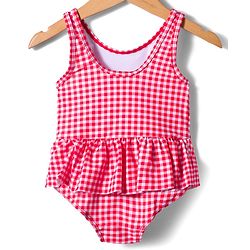 Babyhug Sleeveless Checkered V Cut Swimsuit with Cherry Print - Red