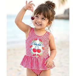 Babyhug Sleeveless Checkered V Cut Swimsuit with Cherry Print - Red