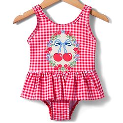 Babyhug Sleeveless Checkered V Cut Swimsuit with Cherry Print - Red