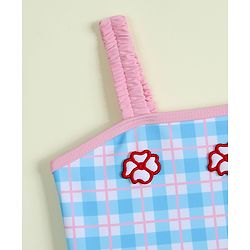 Babyhug Sleeveless Checks Frock Swimsuit With Floral Applique - Light Blue