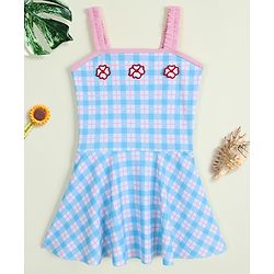 Babyhug Sleeveless Checks Frock Swimsuit With Floral Applique - Light Blue