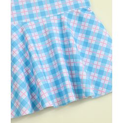 Babyhug Sleeveless Checks Frock Swimsuit With Floral Applique - Light Blue