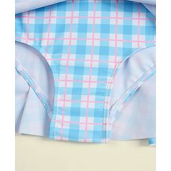Babyhug Sleeveless Checks Frock Swimsuit With Floral Applique - Light Blue