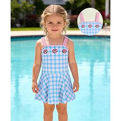 Babyhug Sleeveless Checks Frock Swimsuit With Floral Applique - Light Blue