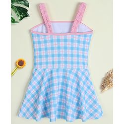 Babyhug Sleeveless Checks Frock Swimsuit With Floral Applique - Light Blue