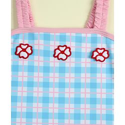 Babyhug Sleeveless Checks Frock Swimsuit With Floral Applique - Light Blue