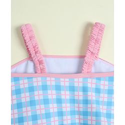 Babyhug Sleeveless Checks Frock Swimsuit With Floral Applique - Light Blue