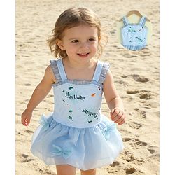 Babyhug Sleeveless Text Printed & Bow Applique Frock Swimsuit - Light Blue