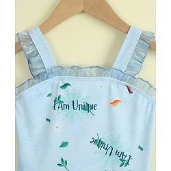 Babyhug Sleeveless Text Printed & Bow Applique Frock Swimsuit - Light Blue