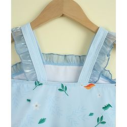 Babyhug Sleeveless Text Printed & Bow Applique Frock Swimsuit - Light Blue