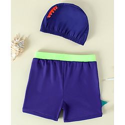 Babyhug Dino Printed Swimming Trunk With Cap - Navy Blue