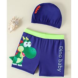 Babyhug Dino Printed Swimming Trunk With Cap - Navy Blue