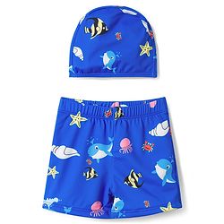 Babyhug Swimming Trunks with Sea Life Theme Print & Cap - Blue