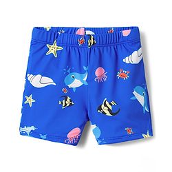 Babyhug Swimming Trunks with Sea Life Theme Print & Cap - Blue
