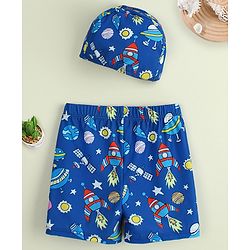 Babyhug Swimming Trunk with Cap & Space Theme Print - Navy Blue