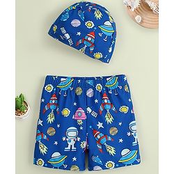 Babyhug Swimming Trunk with Cap & Space Theme Print - Navy Blue