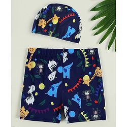 Babyhug Swimming Trunk with Cap & Jungle Theme Print - Navy Blue