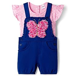 Babyhug Single Jersey Knit Half Sleeves T-Shirt & Dungaree with Polka Dots Print & Butterfly Applique- Pink