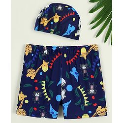 Babyhug Swimming Trunk with Cap & Jungle Theme Print - Navy Blue