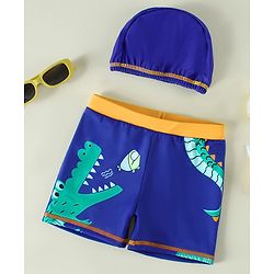 Babyhug Crocodile Printed Swimming Trunk With Cap - Blue