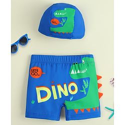 Babyhug Dino Printed Swimming Trunk With Cap - Blue