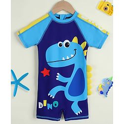 Babyhug Half Raglan Sleeves Legged Swimsuit with Dino Print - Blue