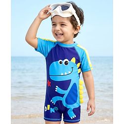 Babyhug Half Raglan Sleeves Legged Swimsuit with Dino Print - Blue