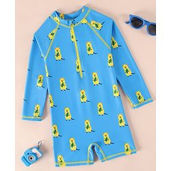 Babyhug Raglan Full Sleeves Bear Printed Legged Swimsuit - Light Blue