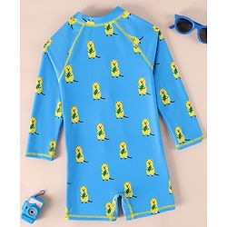 Babyhug Raglan Full Sleeves Bear Printed Legged Swimsuit - Light Blue