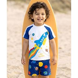 Babyhug Raglan Half Sleeves Space Theme Printed Two Piece Swimsuit - White