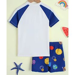 Babyhug Raglan Half Sleeves Space Theme Printed Two Piece Swimsuit - White