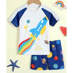 Babyhug Raglan Half Sleeves Space Theme Printed Two Piece Swimsuit - White
