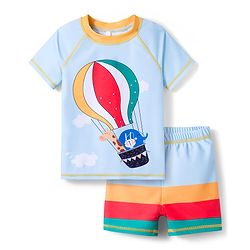 Babyhug Half Sleeves Two Piece Swimsuit with Hot Air Balloon Print - Light Blue