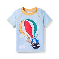 Babyhug Half Sleeves Two Piece Swimsuit with Hot Air Balloon Print - Light Blue