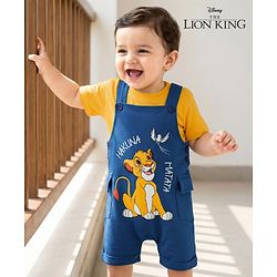 Babyhug Disney Single Jersey Knit Dungaree & Half Sleeves Inner Tee With Lion King Graphics - Blue & Yellow