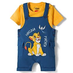 Babyhug Disney Single Jersey Knit Dungaree & Half Sleeves Inner Tee With Lion King Graphics - Blue & Yellow