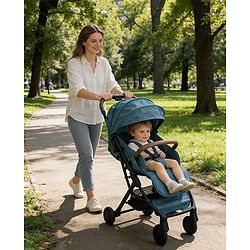 Babyhug Compact Fold Baby Stroller with Trolley Handle & Linked Brake | One-Hand Fold| 5-Point Harness| Multi-Recline Seat| Shock Absorbing Wheels| Concealed Linked Brake  Blue