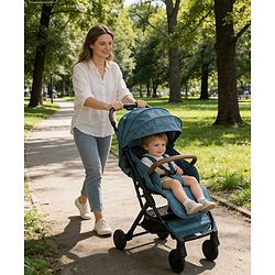 Babyhug Compact Fold Baby Stroller with Trolley Handle & Linked Brake | One-Hand Fold| 5-Point Harness| Multi-Recline Seat| Shock Absorbing Wheels| Concealed Linked Brake  Blue