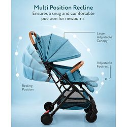 Babyhug Compact Fold Baby Stroller with Trolley Handle & Linked Brake | One-Hand Fold| 5-Point Harness| Multi-Recline Seat| Shock Absorbing Wheels| Concealed Linked Brake  Blue