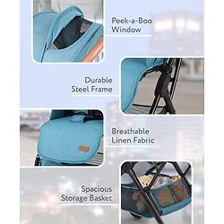 Babyhug Compact Fold Baby Stroller with Trolley Handle & Linked Brake | One-Hand Fold| 5-Point Harness| Multi-Recline Seat| Shock Absorbing Wheels| Concealed Linked Brake  Blue