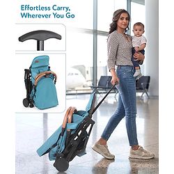 Babyhug Compact Fold Baby Stroller with Trolley Handle & Linked Brake | One-Hand Fold| 5-Point Harness| Multi-Recline Seat| Shock Absorbing Wheels| Concealed Linked Brake  Blue