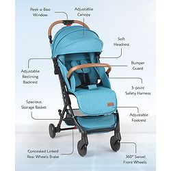 Babyhug Compact Fold Baby Stroller with Trolley Handle & Linked Brake | One-Hand Fold| 5-Point Harness| Multi-Recline Seat| Shock Absorbing Wheels| Concealed Linked Brake  Blue